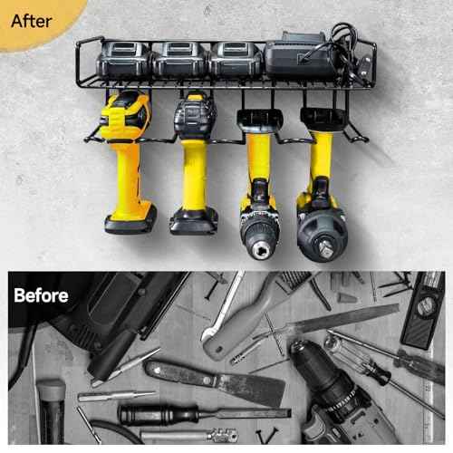 Power Tool Organizer Wall Mount, Heavy Duty 2 Layer Cordless Tool Organizer 4 Drill Organizer Wall Mount Black Shelf Power Tool Organizer Garage