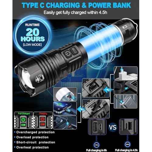 Flashlights High Lumens Rechargeable- Super Bright Tactical LED Flashlight,Powerful USB C Flash Light with 360¡ÆCOB Light, Long Beam 3280Ft,7 Modes,Waterproof Handheld Flashlight for Emergency