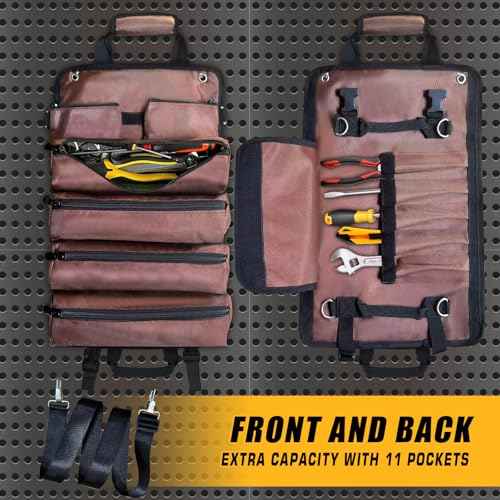 Tool Bag Roll up, Heavy Duty Tool Bag Organizer, Tool bags for Men Women, Portable Tool bag with shoulder strap, Small Carrier Bag for Electrician Mechanic, Father Day Dad Gifts, Gifts for Men, Brown
