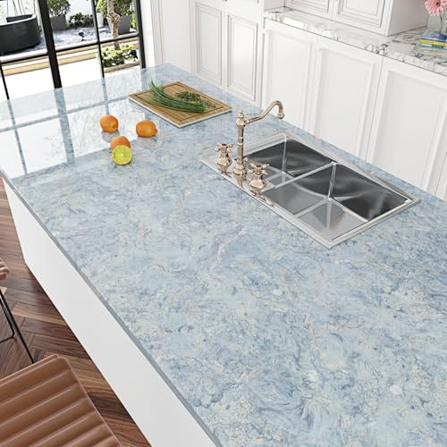 Wallercity Glossy Cream Blue Marble Contact Paper for Kitchen Countertops Self Adhesive Marble Wallpaper for Bathroom Bedroom Peel and Stick Countertops Wall Paper for Cabinets Drawers 15.8''x78.7''