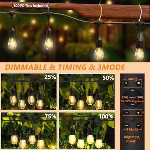 50FT Outdoor String Lights Waterproof with 30+2 Bulbs (1.5FT Bulbs Spacing), Remote & Dimmer, Commercial Grade Patio Lights with 3 Mode Light & Timing,100PC Ties for Outside