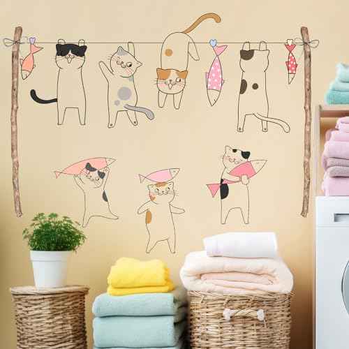 Removable Cartoon Animal Cats Wall Stickers Laundry Room Cats Clothes Hanger Fish Wall Decals Stickers for Girls Bedroom Decal Kids Nursery Sticker Bathroom Wall Art Decoration