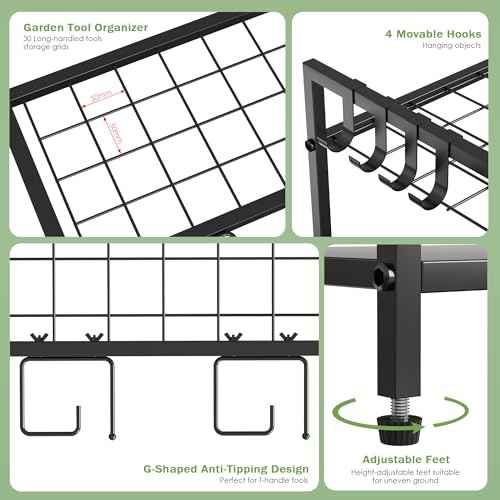 Garden Tool Organizer Rack for Garage, Yard Tool Tower Rack Organizer, Tools Stand Storage with Hooks Black Metal Garden Tools Holder for Yard Shed Garage Organization