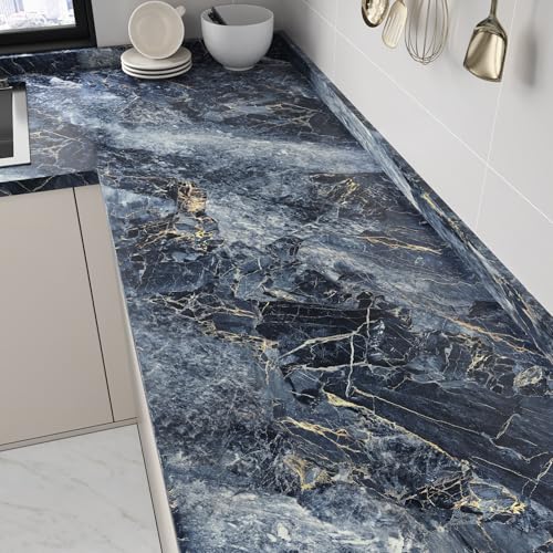 Marble Contact Paper for Countertops Glossy Navy Blue and Gold Marble Wallpaper Peel and Stick Removable Granite Wallpaper for Kitchen Backsplash Bathroom Wall Table Bedroom Terrazzo Ppaper