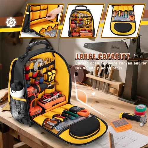 Tool Backpack with a Tool Pouch, Heavy Duty Tool Bag with Multiple Pockets, Black
