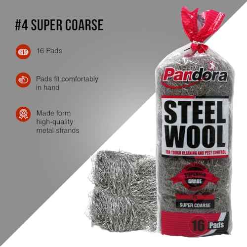 Pandora Steel Wool #4 ? Extra Coarse Grade, 16 Pads for Tough Cleaning and Pest Control - Quality Metal Strands - Ideal for Removing Stubborn Paint, Rust, Dirt, and Varnish