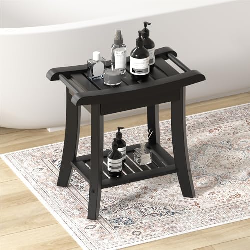 Bamboo Shower Bench Stool with Storage Shelf Small Shower Chair Seat for Inside Shower 19 x 10 x 18 Inches Black