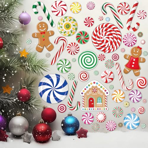 Christmas Candy Wall Decals, 8 Sheet Christmas Decorations Wall Stickers Peppermint Candy Cane Gingerbread Decals for Walls for Candyland Xmas Decoration