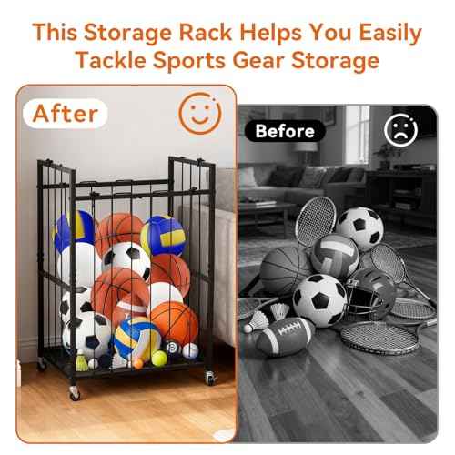 moniko Basketball Storage Rack ? Heavy Duty Sports Ball Organizer for Garage, Home, or Gym ? Holds 6-12 Basketballs/Soccer Balls ? Wall-Mounted or Freestanding Metal Rack