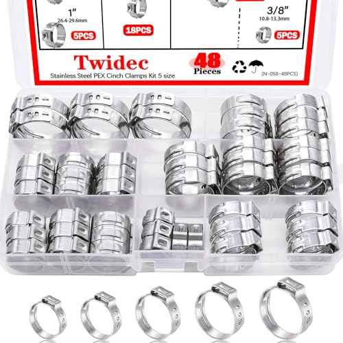Twidec/48PCS 3/8",1/2",3/4",5/8",1" PEX Cinch Clamps Kit 5 size,Stainless Steel Pex Crimp Rings,Single Ear Hose Clamps For Pex Pipe Fitting Connections N-058-48PCS