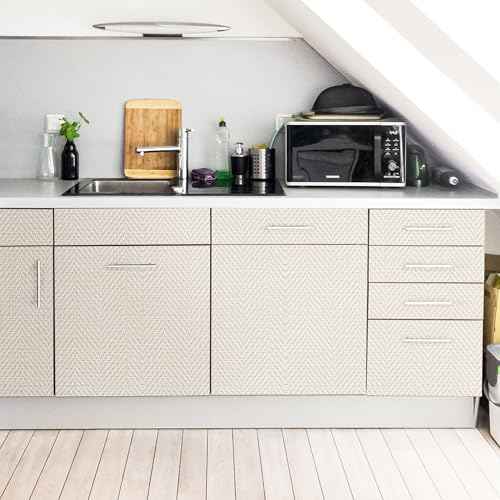 Rugreat Striped Grasscloth Wallpaper Peel and Stick Textured Grass Cloth Contact Paper for Cabinets Herringbone Fabric Wallpaper for Bedroom Beige Faux Linen Contact Paper Removable 78.8inL 17.3inW