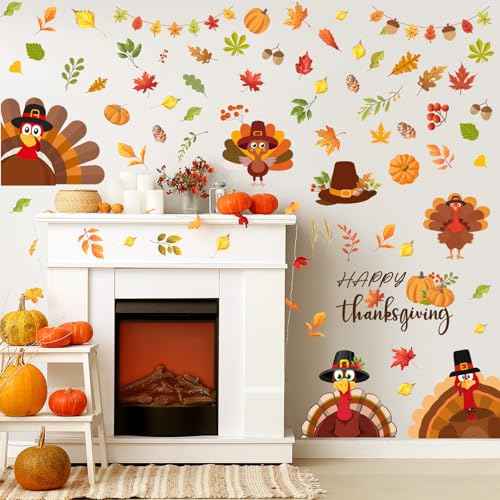 ReliThick 6 Sheets Thanksgiving Wall Decals Turkey Pumpkin Maple Leaves Stickers Thanksgiving Peel and Stick Fall Decor for Home Bedroom Bathroom Wall Door Window Decor