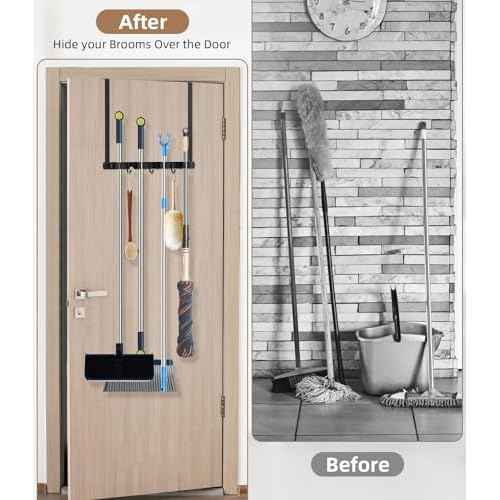 Broom Holder Over The Door 2Pack - 304 Stainless Steel Mop and Broom Hanger Wall Mounted or Hanging Over The Door with Hooks - Tool Organizer for Garage Closet Laundry Kitchen Decor