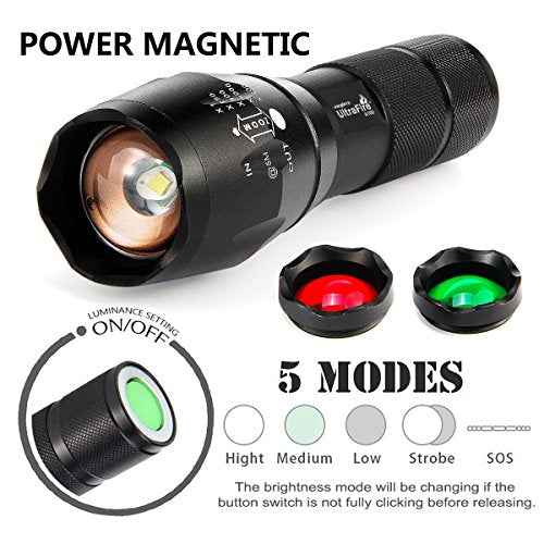 ULTRAFIRE 2 Pack A100 LED Hunting Flashlight,800 Lumen 3-Color-Light Tactical Flashlight 5 Modes Zoomable Small LED Hand held Flashlights (White Light/RED Light/Green Light)