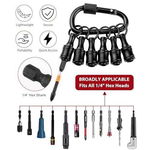Katerk 6pc Black Bit Holder Keychain, 1/4in Hex Shank Portable Screwdriver Bit Clip for Impact Driver Flexible Drill Bit Extension Nut Driver W/Carabiner, Quick Release Drill Screw Adapter