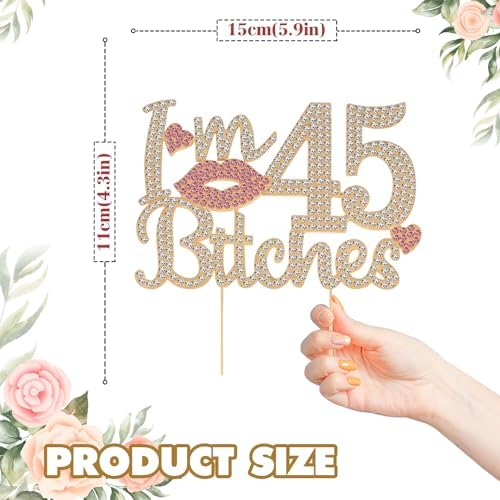 I'm 45th Birthday Funny Gold & Pink Rhinestone Cake Topper - Happy 45th Birthday Cheers to 45 Years Old Bday Party Metal Sparkly Food Centerpieces Topper Decorations Sign.