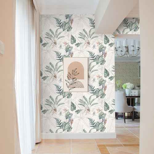 Peel and Stick Wallpaper Tropical Botanical Palm Tree Leaf Contact Paper Waterproof Self Adhesive Removable Floral Boho Vinyl Roll for Bathroom Bedroom Living Room Kitchen 17.32" x 118.11"