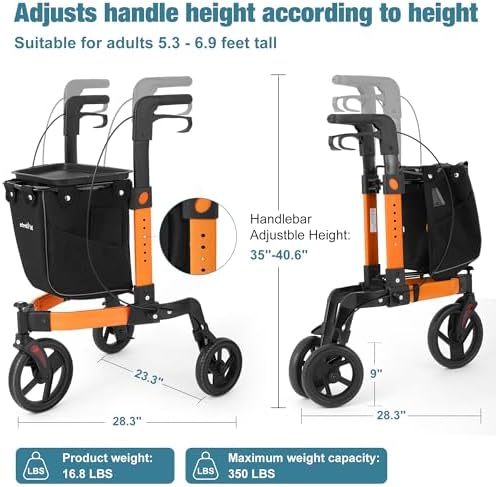 3 Wheel Rollator Walker, Walkers for Seniors, Rollator Walker Lightweight Foldable, with Tray and Large Storage Bag, 10 Inch Front Wheel for All Terrain, Orange