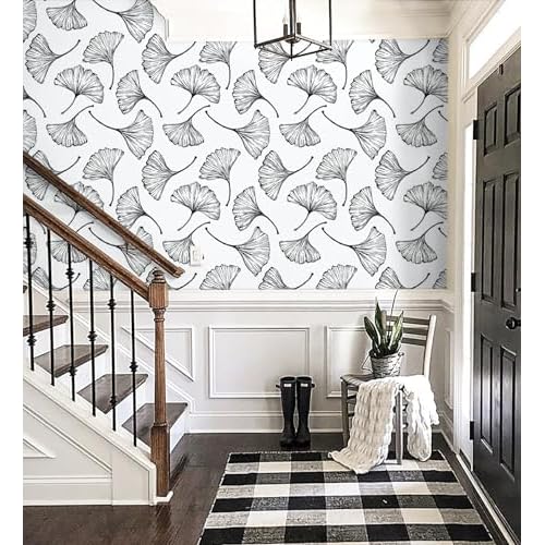 CiCiwind Black and White Peel and Stick Wallpaper Removable Self-Adhesive Wall Paper for Bedroom Bathroom Ginkgo Leaves Contact Paper Modern for Living Room 17.3In¡¿118In