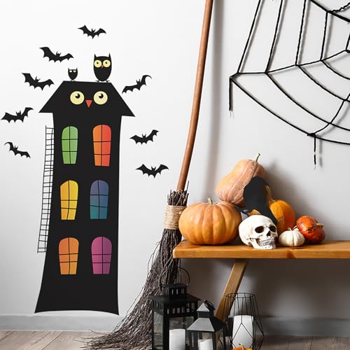 Spooky Halloween Door Stickers 24x35.4 inch Removable Black Owl Bats Decal Haunted House Decor for Front Door Kids Room Instant Spooky Season Decor