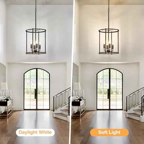 Luvkczc 4-Light Black Chandelier, Industrial Black Lantern Ceiling Light Fixtures with Rustic Metal Cage Adjustable Height Farmhouse Geometric Hanging Light for Kitchen Island, Dining Room, Entryway