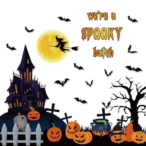 Pasimy 48 Pcs Halloween Classroom Bulletin Board Decorations 3D Halloween Bat Scary Castle Pumpkin Tree Witches Paper Cutouts We're a Spooky Batch Decor for Holiday Classroom Wall Home Office Supplies