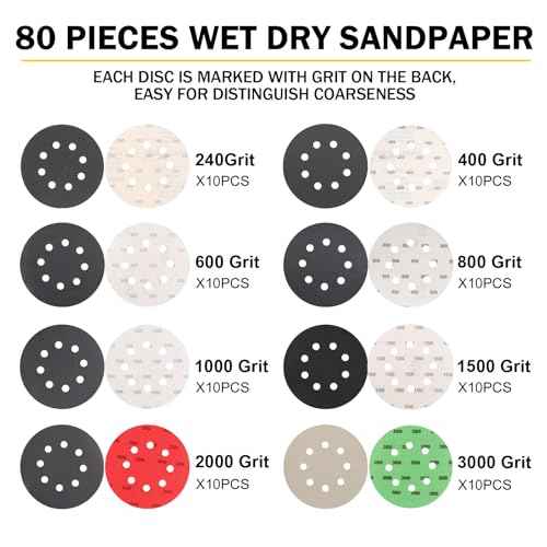 80Pcs 5 Inch Wet Dry Sanding Discs Hook & Loop,Waterproof Sandpaper Silicon Carbide 240 to 3000Grit for Random Orbital Sander, Sanding Disc for Automotive Wood Metal Polishing & Sanding