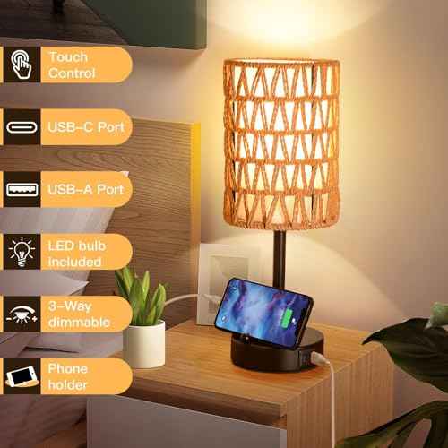 Rattan Table Lamps for Living Room, 3 Way Dimmable Touch Lamps, Small Bedside Lamps with LED Bulbs, Phone Stand, USB Ports and AC Outlet, Boho Nightstand Lamp for Kids Room, Bedroom, Office (2 Pack)