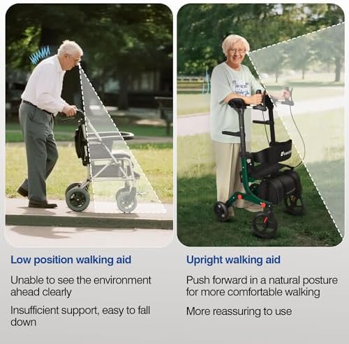Lightweight Upright Rollator Walker All-Terrain Foldable with seat and Adjustable Height backrest, 300 lbs Capacity, 10" Front & 8" Rear Wheels for Seniors, Adults, bariatric, Includes Cane Holders