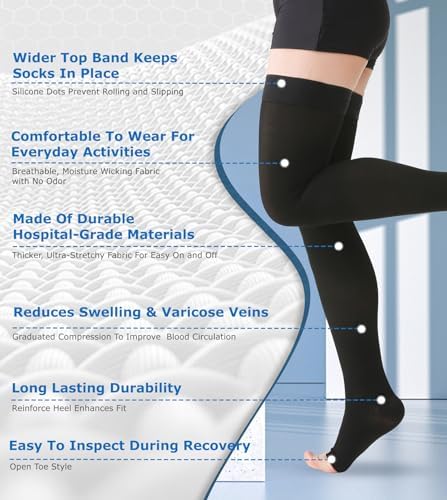 MGANG Medical Thigh High Compression Stockings for Men & Women, Pair, Open Toe, 20-30 mmHg Graduated Compression Support Hose, Opaque, Best for Varicose Veins, Edema, Flight, DVT, Swelling, Black M