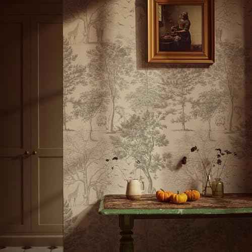 Woodland Wallpaper Peel and Stick- Vintage Beige Forest Tree Mural for Bedroom Living Room Removable Animals Contact Paper Self Adhesive Wallpaper (Cream, 17.3" X 78.74")