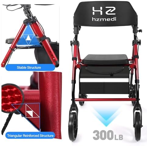Walkers for Seniors with Seat, Foldable Rolling Walker with Durable Aluminum, Dual Adjustable Height Rolling Walker, 8" Wheels for Adults, All Terrain rollator| Jujube Red
