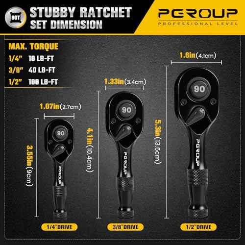 3-Piece Stubby Ratchet Set, 1/4¡±, 3/8¡±, 1/2¡± Drive 90-Tooth Mini Small Ratchets Wrenches, Quick Release Reversible Ratchet Wrenches for Repairing, Home, DIY, Chrome Alloy Made