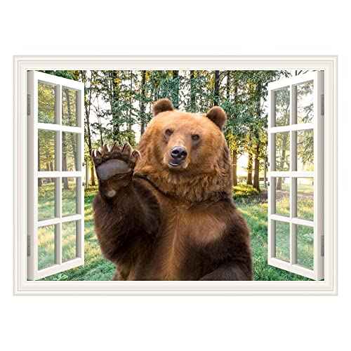 Bear Wall Sticker Decal Peel and Stick Brown Bear Window View Wall Mural Sticker for Bedroom Living Room Kids Boys Room Dorm Decor