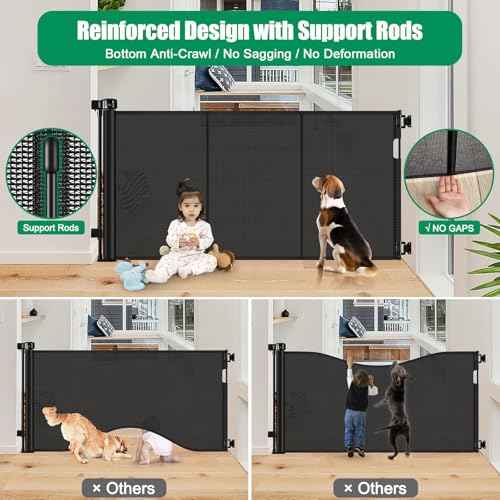 Reinforced 50" Wide Retractable Baby Gate Retractable Dog Gate with Support Rods - Anti-Bottom Crawl, Mesh Gate Retractable Gate Outdoor Retractable Pet Gate Indoor Doorway/Hallway/Stair Gate, Black