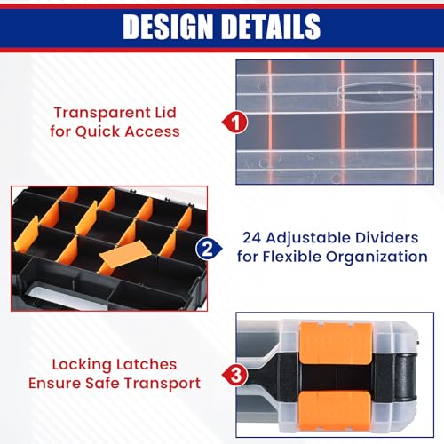 Small Parts Organizer, Hardware Organizer Box, 2 Pack Double Side 34 Compartments Hardware Organizers with Removable Plastic Dividers for Screws Nuts Nails Bolts