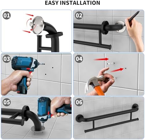 Matte Black Grab Bar 24 Inch w/Towel Holder, iHansee Stainless Steel Towel Rack Shower Support Balanced Support Handle, Wall Mount Safety Handrail Grab Rail for Elderly Senior Handicap Disabled