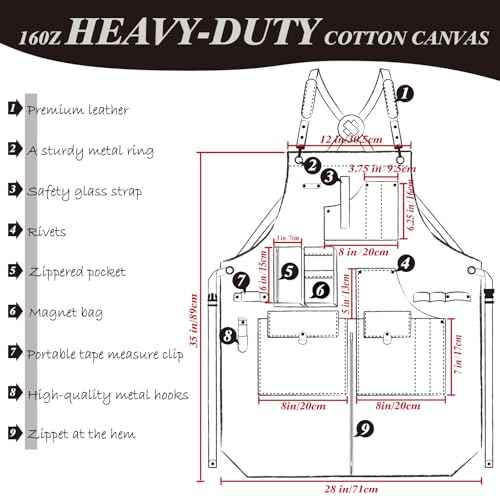 Woodworking Apron, Tool Apron, Canvas, Multiple Pockets, Adjustable Zipper, Metal Ring, Tape Measure Clip, Plus Size, Black.