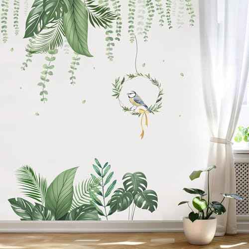 LHIUEM Green Tropical Leaves Wall Stickers Hanging Plants Green Jungle Wall Decals Parrot Wall Art Nature Hanging Vine Palm Clings for Bedroom Living Room Sofa TV Background