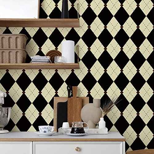 Simon&Siff Retro Checkered Peel and Stick Wallpaper Black and White Wallpaper 17.3"x480" Vintage Plaid British Geometric Wall Paper for Bathroom Kitchen Cabinet Contact Paper