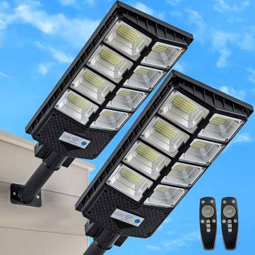 Solar Street Lights Outdoor Waterproof, 80000LM, Dusk to Dawn Solar with Motion Sensor and Remote Control, LED Flood Light, Luces solares para exteriores, Suitable for courtyards, Garage (2-pack)