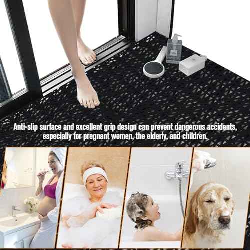 12 Pcs Drainage Mat Modular Interlocking Cushion 11.8" x 11.8" Garage Floor Tiles Non-Slip Splicing Rubber Floor Tiles for Drain, Deck, Pool, Outdoor/Indoor (Black)