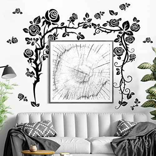 Amaonm Creative 3D Black Vinyl Flowers Wall Stickers - Removable DIY Flower Vine Wall Decals for Roses & Leaves Decor