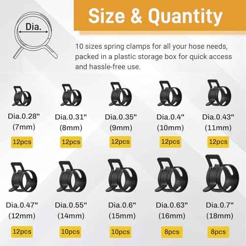 108Pcs Spring Hose Clamps, Fuel Line Clamp Kit, Low Pressure Air Clip Clamp 10 Sizes (7mm 8mm 9mm 10mm 11mm 12mm 14mm 15mm 16mm 18mm) Black