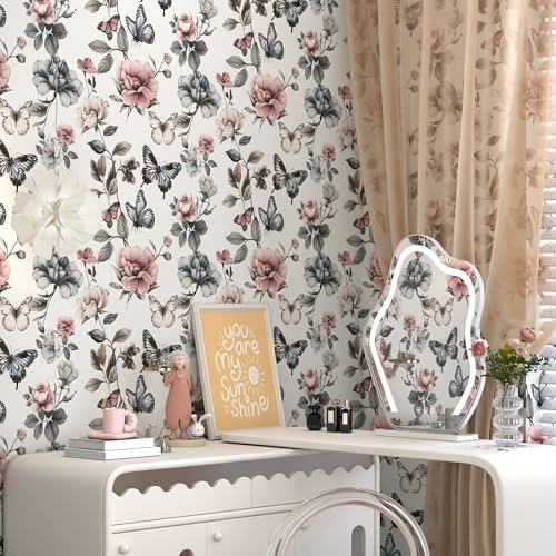 Floral Wallpaper Peel and Stick Wallpaper 17.3"x78.8" Boho Contact Paper for Cabinets and Drawers Colorful Self Adhesive Removable Wall Paper for Bedroom Butterfly Flower Wallpapers Vinyl Roll