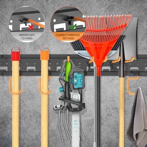 Garden Tool Organizer Wall Mount - Garage Storage and Organization Yard Tool Hanger with Adjustable Pegboard Hooks Shed Rack for Broom Mop Shovel Rake Trimmers, 64 inch Max 750lbs, Black