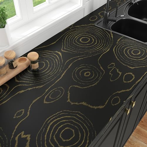 Black Wood Contact Paper for Countertops Gold Growth Ring Wood Wallpaper Removable Self Adhesive Vintage Stick on Wallpaper for Cabinets Table Walls Wooden Grain Wall Covering 15.75"x78"