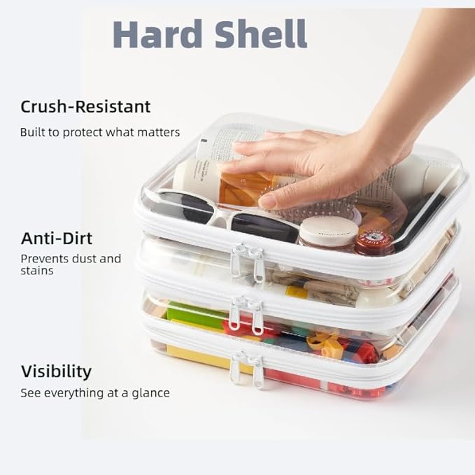 3-Pack Medium Clear Hard Shell Zipper Pouches, Clear Zipper Bags, Hard Case Pouches for Purse & Diaper Bag Organizer,and Travel Essentials（3M）