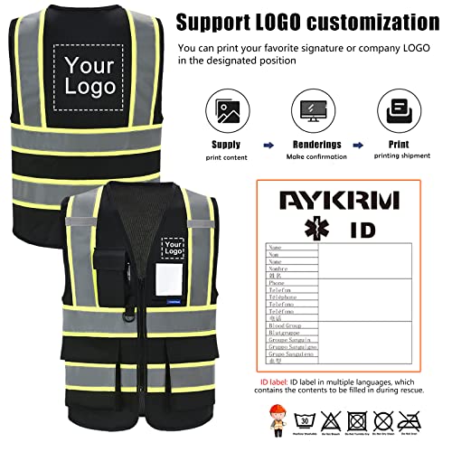 AYKRM Security Vest for Men Women 7 Pockets High Visibility Reflective Safety Vest Front Zipper Meets ANSI/ISEA