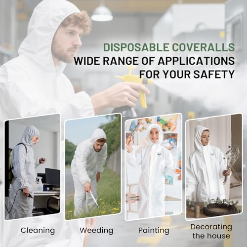 Disposable Coveralls Hazmat Suit, Full Body Paint Suits, 7 Size Options, with Elastic Wrists, Ankles and Hood